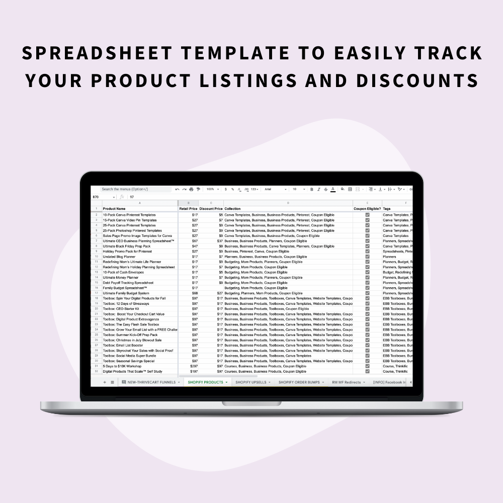 What's included in Quick Win Workshop: How to Strategically Sell Digital Products with Shopify - Spreadsheet template to track product listings and discounts
