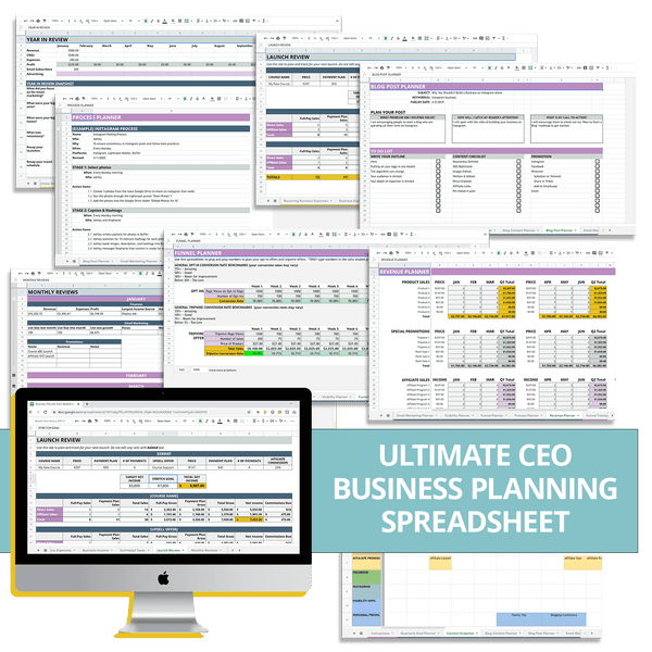 imac mockup of the pages found inside of the ceo business planning spreadsheet for digital products and online business